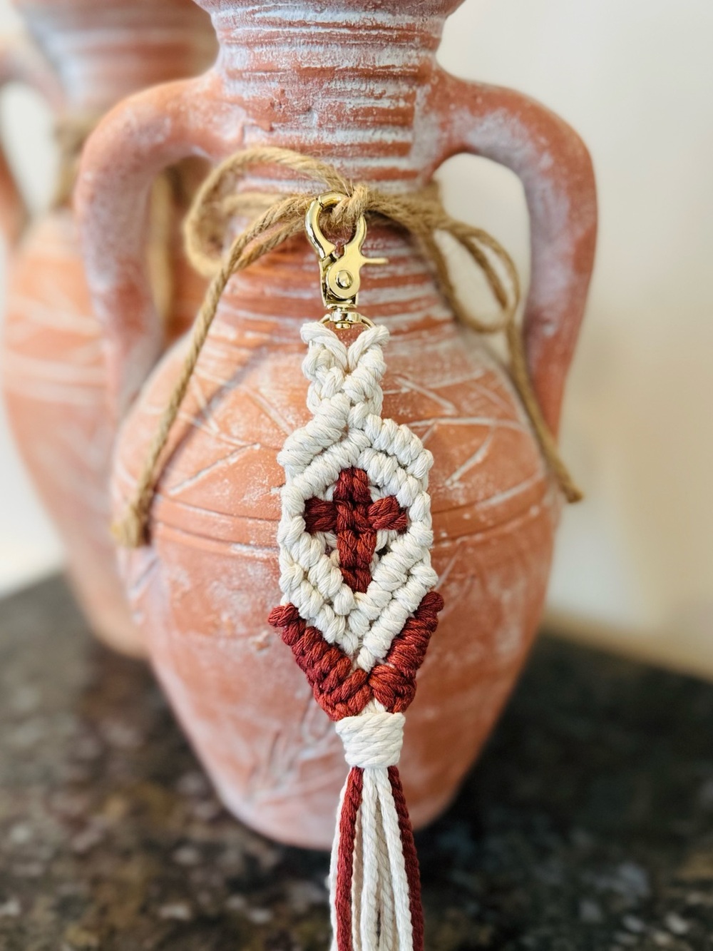 Handmade Macrame Hanging Keychain – Burgundy & Cream Boho Tassel Charm